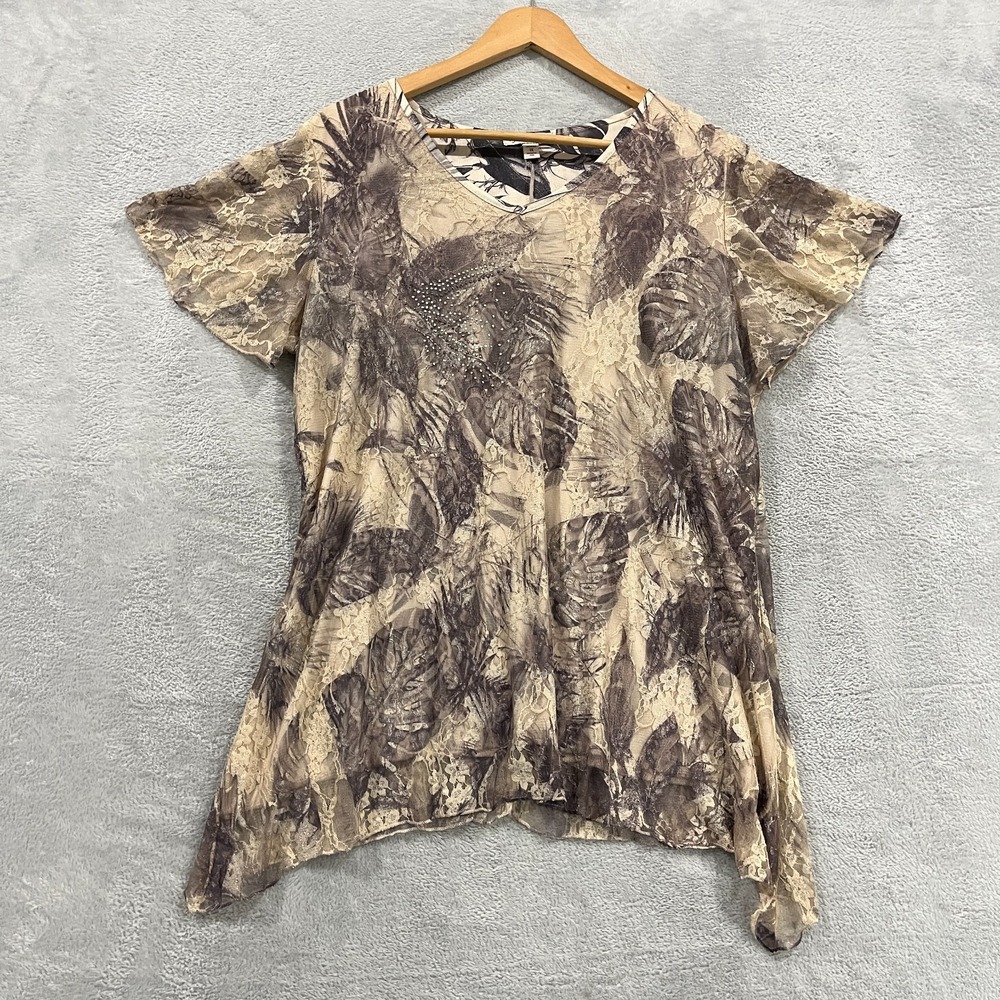 Y2K Cb established 1962‎ Tunic Top Blouse Women 1X  Boho Lace Asymmetrical Beads